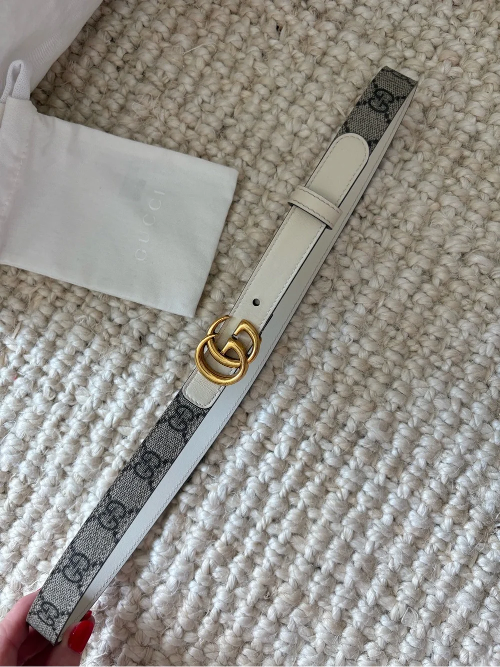 Gucci GG Marmont Thin Belt Ivory GG Supreme Canvas Gold Buckle 85/34